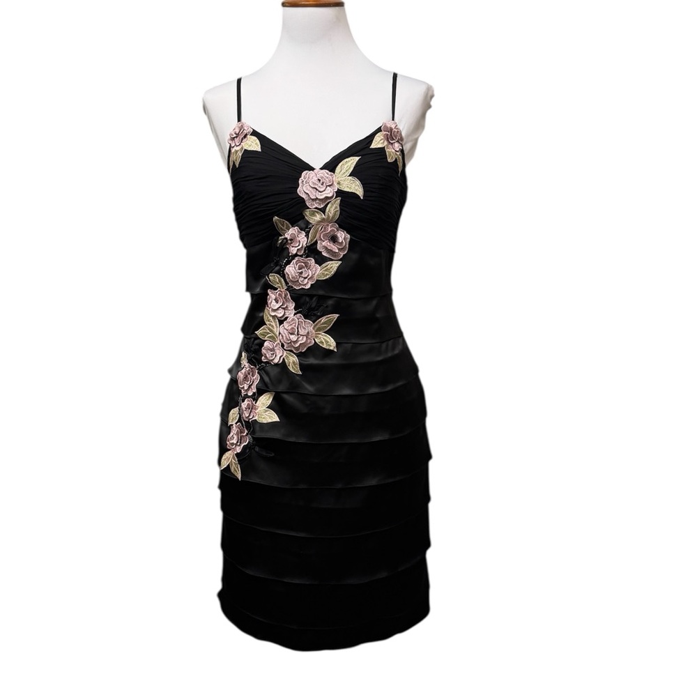 Sue Wong Nocturne vintage y2k floral appliqué tiered black dress